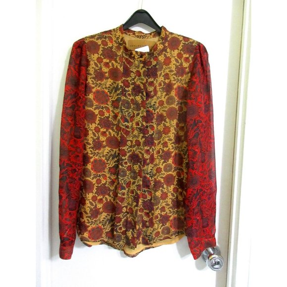 Hanley Mellon 100% Silk 6 Blouse Gold Multi Floral Boho Semi Sheer S Tunic Mint! - Picture 7 of 11